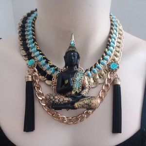 Handmade recycled Buddha statue gold dangle statement necklace choker OOAK